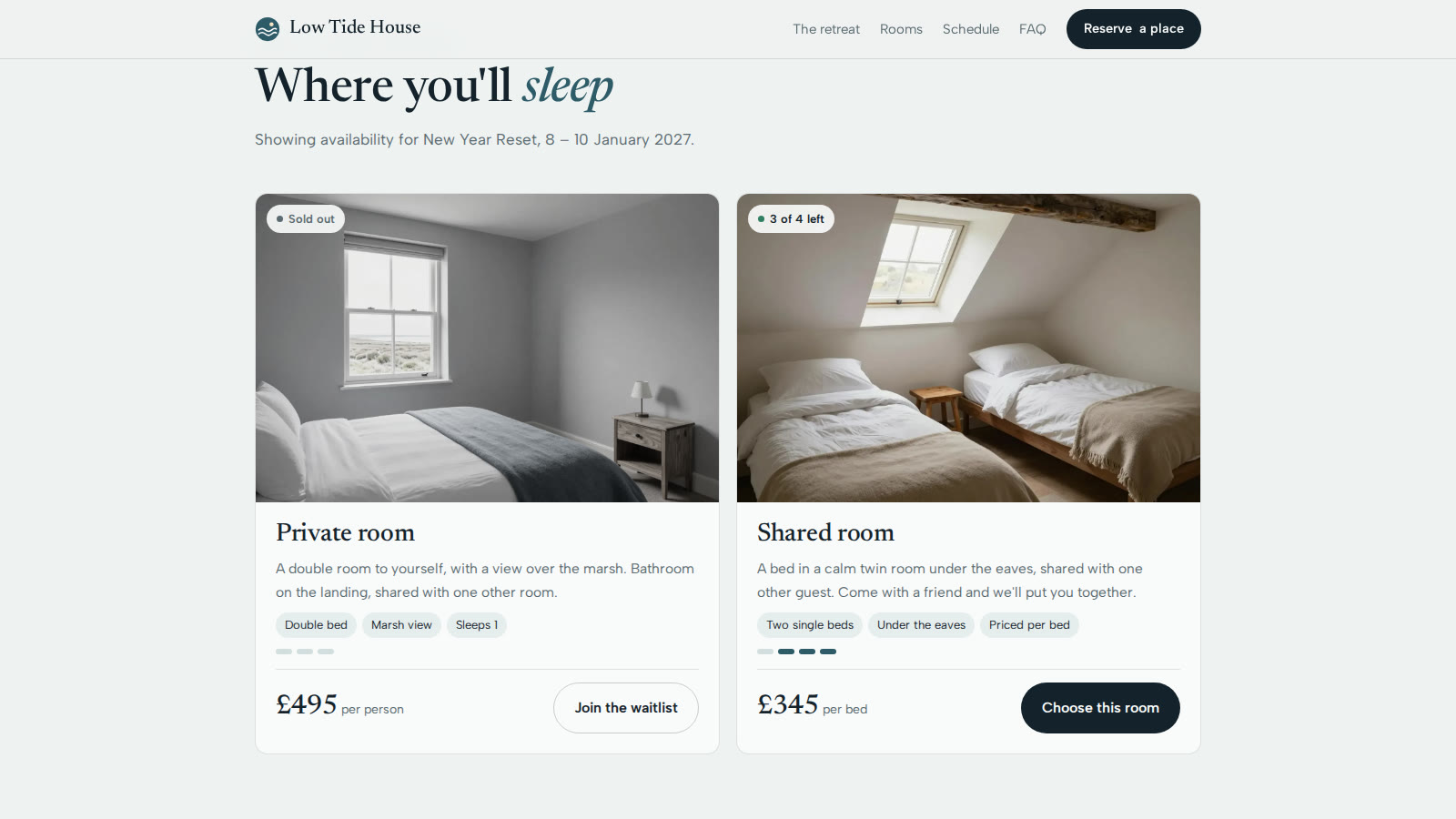 Dates and rooms with real availability, still from the Low Tide House video