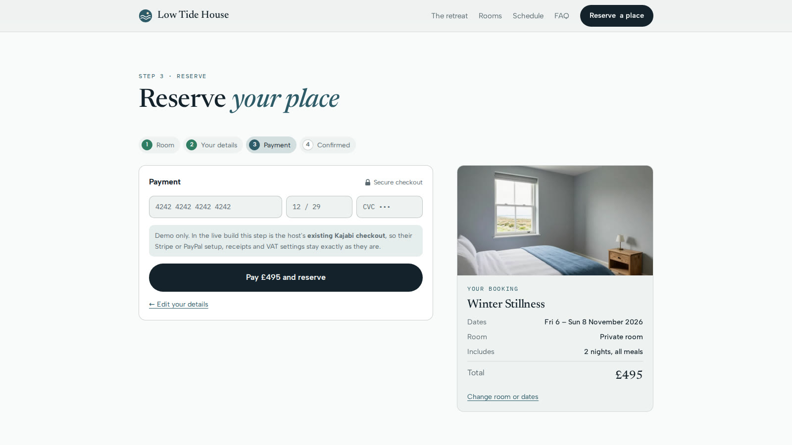 Payment through the existing checkout, still from the Low Tide House video