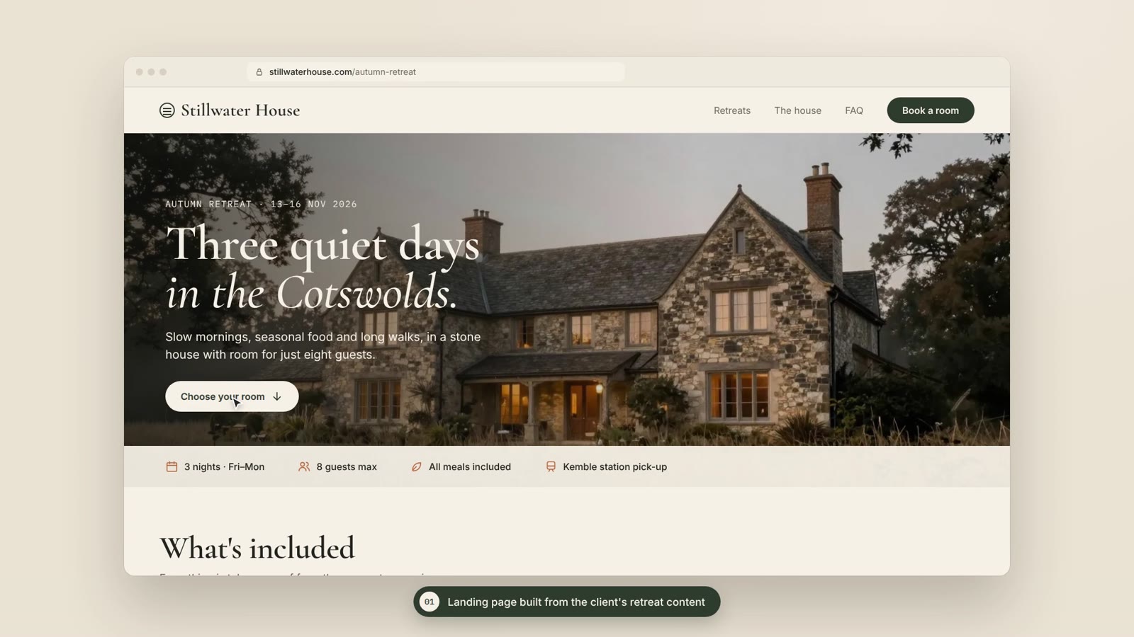 A landing page built from the owner’s content, still from the Stillwater House video