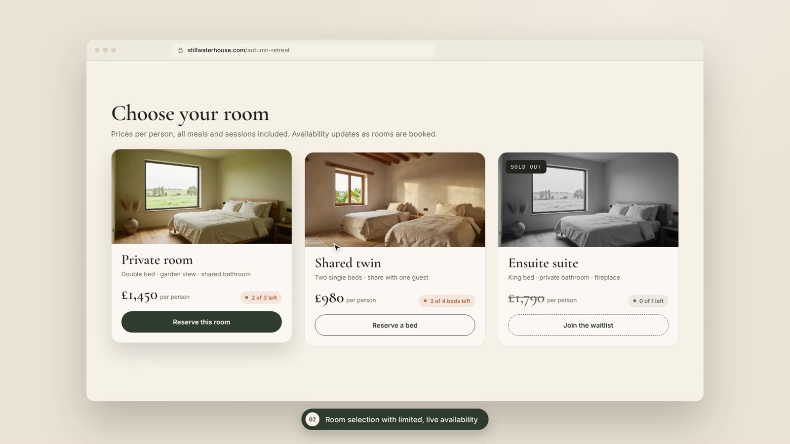 Room selection with real availability, still from the Stillwater House video