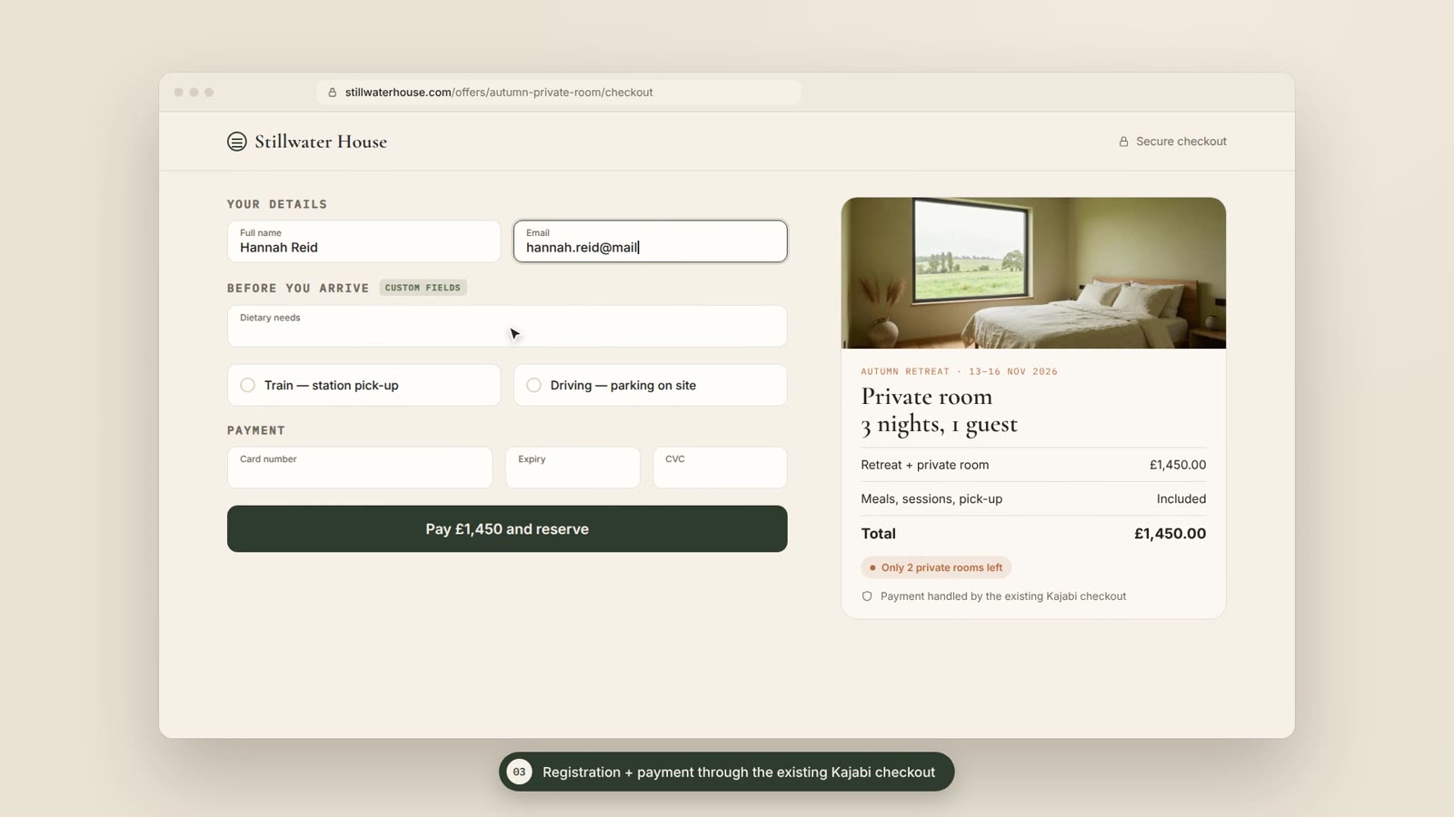 Register and pay in one flow, still from the Stillwater House video