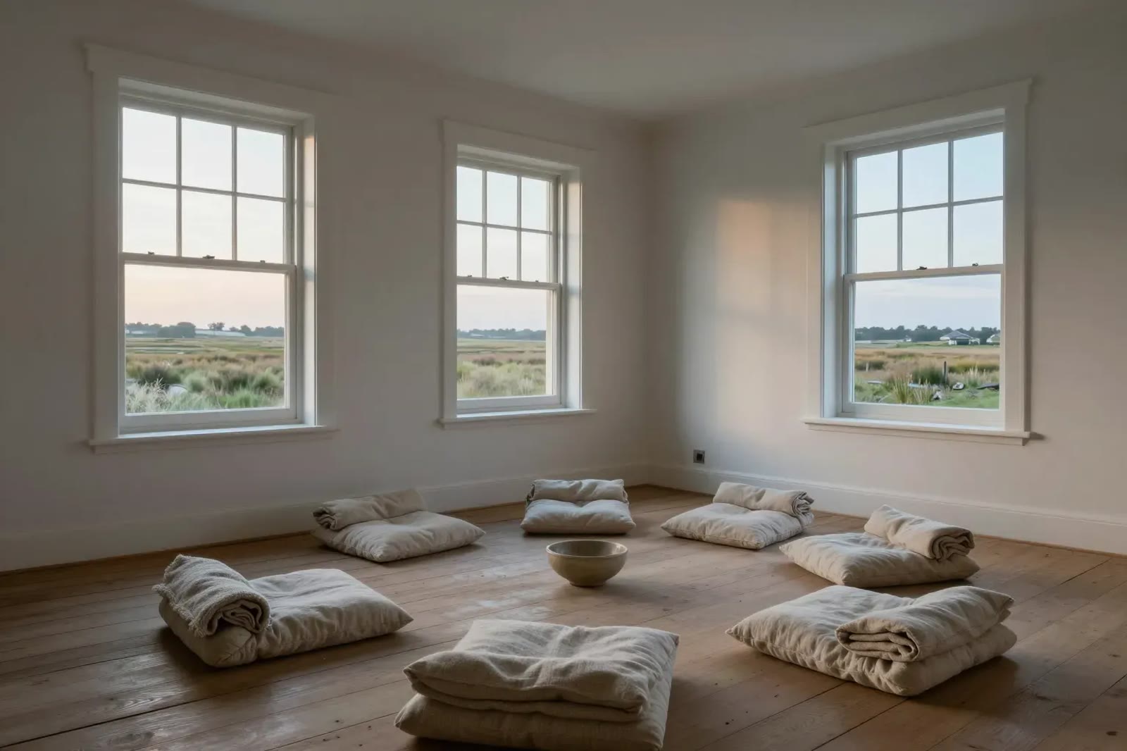 The meditation room: floor cushions and blankets in front of tall windows over the marsh